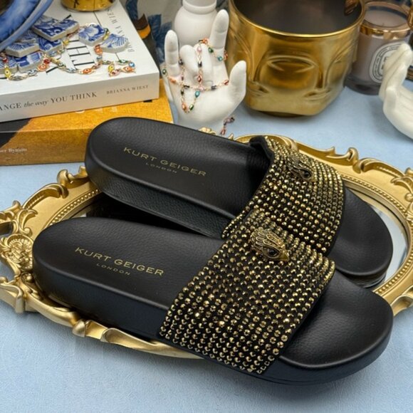🆕 KURT GEIGER LONDON 🧿 NWOB Meena Eagle Black & Gold Studded Slide, Sz 6.5 - Picture 9 of 13